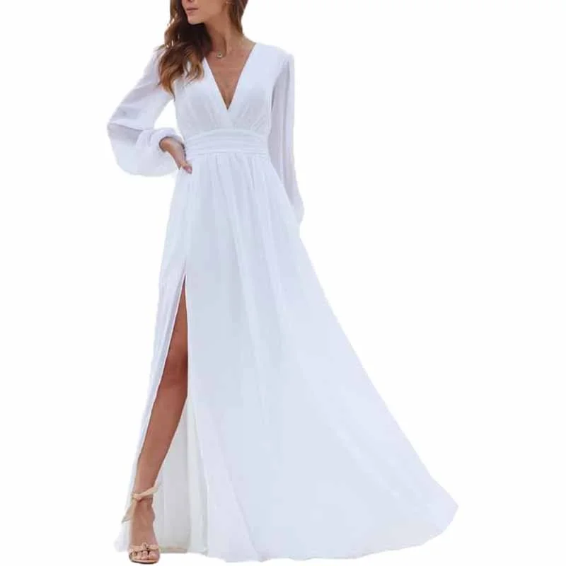 Massive Savings Women Long Sleeve Bridesmaid Dresses Slit Long Pleated Formal Evening Party Gown Great Deals on Ethnic Cultural Wear