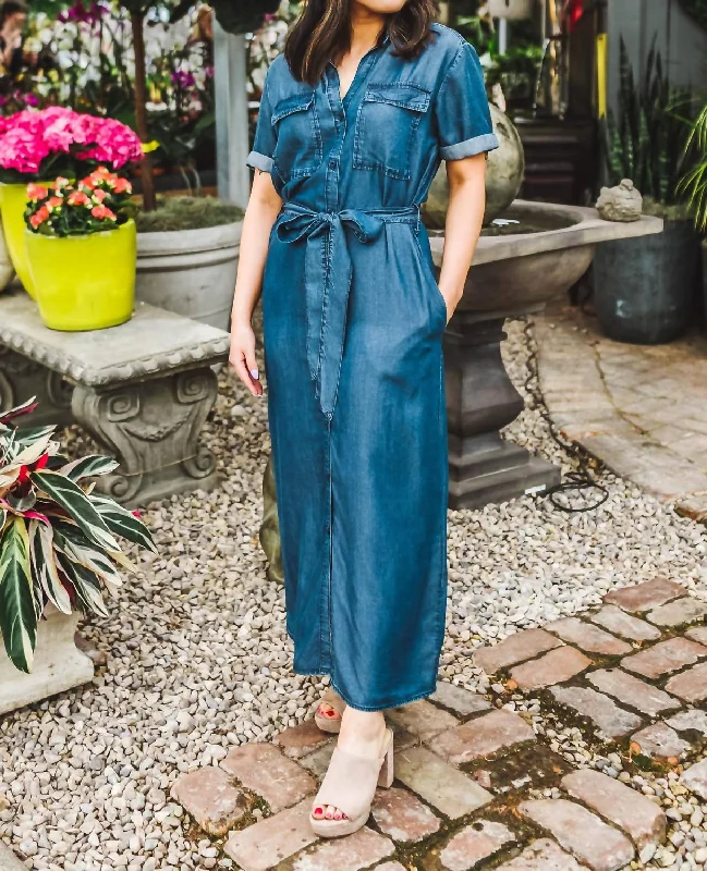 Boutique Styles Jem Denim Shirt Dress In Blue Tropical Island - Inspired Attire