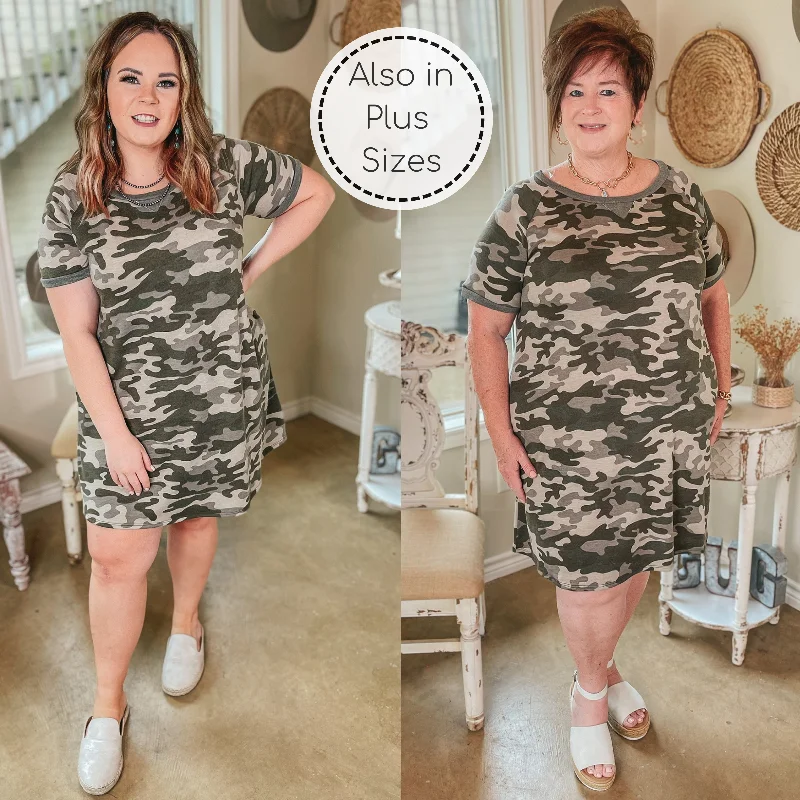 Browse Our Top Products Secret Spot Short Sleeve Tee Shirt Dress with Pockets in Camouflage Luxury Comfort