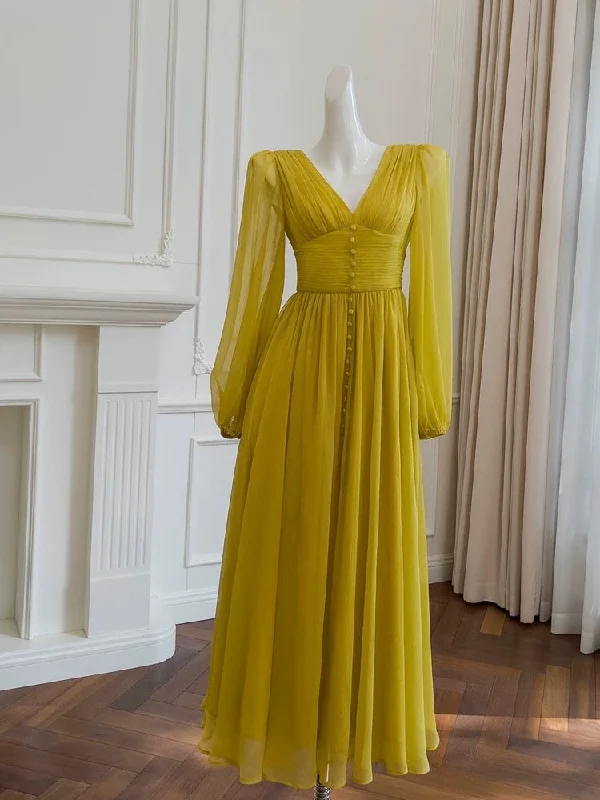 Limited Stock Modest A line V Neckline Long Sleeves Yellow Chiffon Prom Dress Formal Dresses With Buttons C2268 Romantic Flair