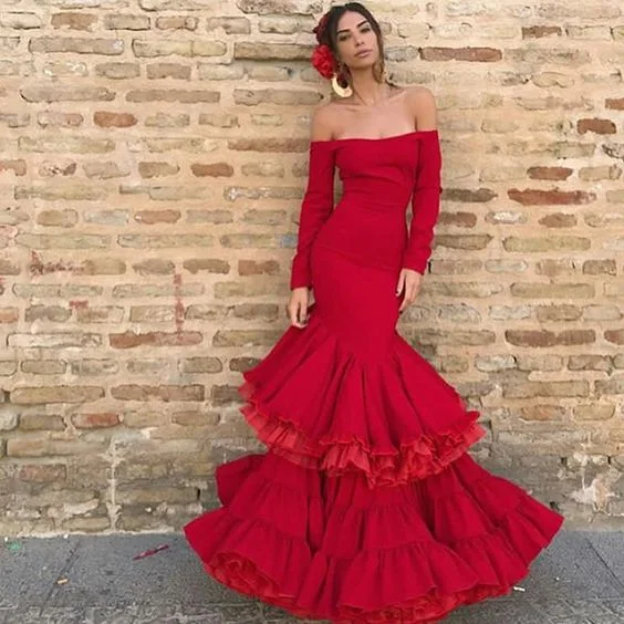 Fashion Sale Off the Shoulder Prom Dresses, Long Sleeve Prom Dresses, Red Prom Dresses   cg21970 Sleek Design