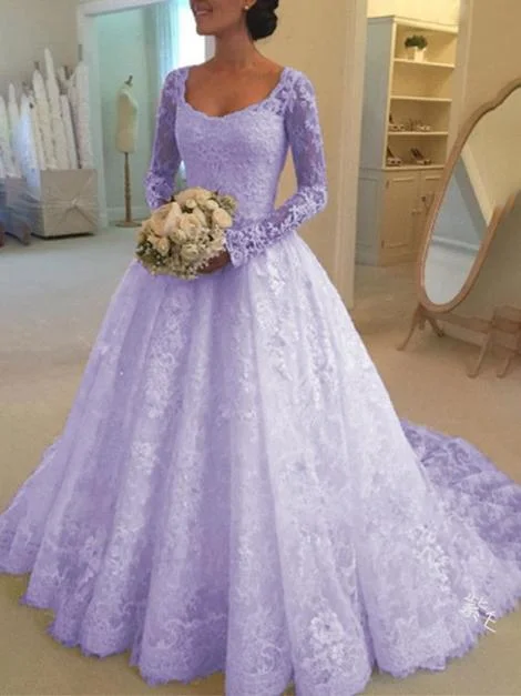 Fashion Forward Purple Patchwork Lace Grenadine Elegant Square Neck Long Sleeve Prom Dress       cg22904 Hollywood Glam Award - Show Style