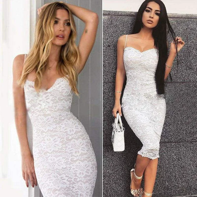 Additional Time-Limited Offers FashionSierra - Women Summer Lace Elegant Party Bodycon Dress Ladies V-Neck Spaghetti Strap Knee-Length Women's Formal Dress Disco - Inspired Retro Dance Look