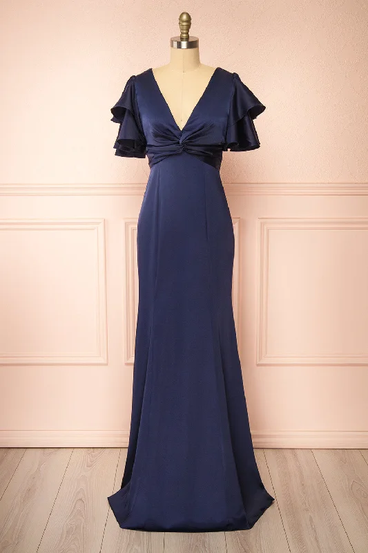 Unleash Your Style Kyana | V-Neck Navy Satin Maxi Dress Chic Urban Fashion Look