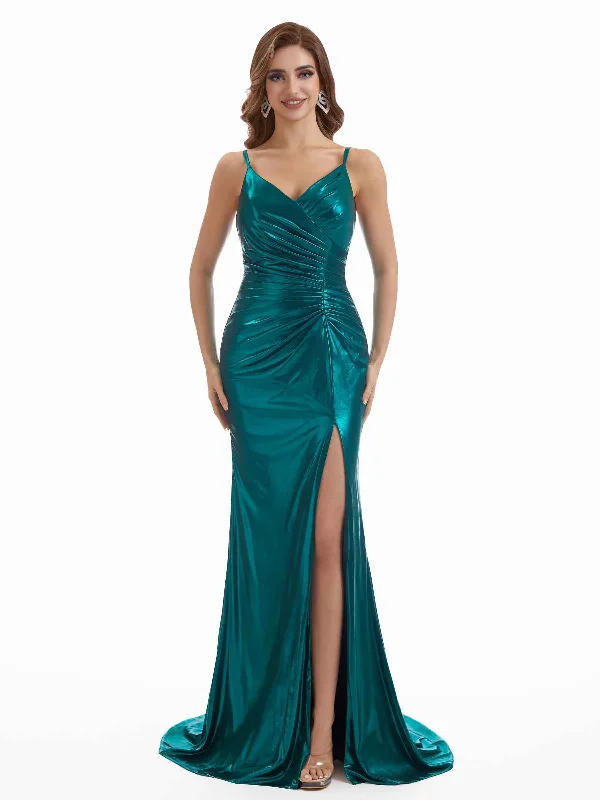 Sporty Fashion Offers Sexy Mermaid Spaghetti Straps Metallic Stretch Shiny Fabric Side Slit Long Wedding Guest Dresses Classic Timeless Elegant Style