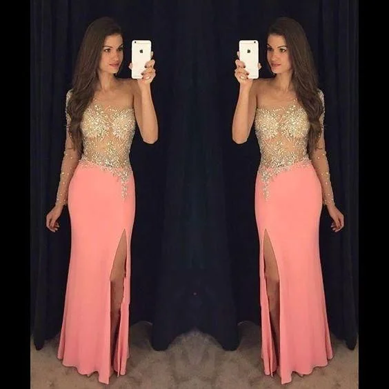 Crazy Price Slashing crystals evening dresses long sleeve mermaid coral sheer top sexy formal prom dresses   cg10113 Great Deals on Ethnic Cultural Wear