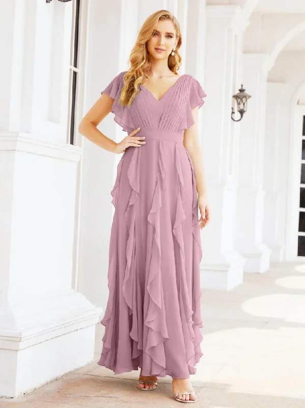 Feminine Style Promotions Ruffled Bridesmaid Dresses with Sleeves Long Formal Party Dress 28041 Graceful Movement