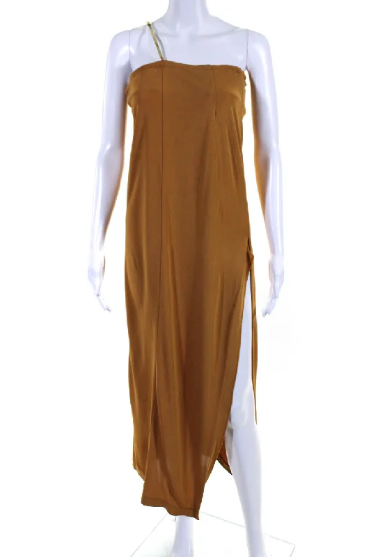 Contemporary Chic Promotions Christopher Esber Womens Gold Tone Sleeveless One Shoulder Dress Yam Brown Graceful Cut