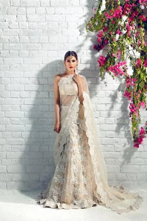 Unleash Your Trendy Side Latest designer embroidered bridal saree in lavish ivory color # B3448 Chic Urban Fashion Look