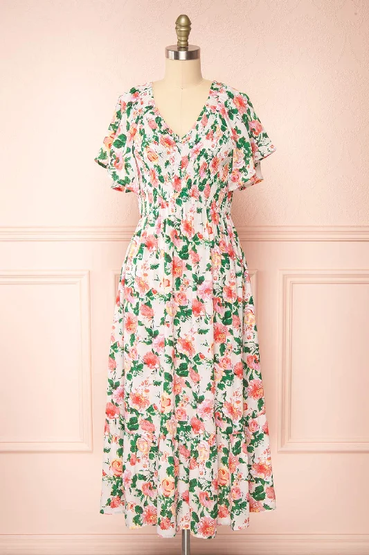 Fashion Forward Senna | Floral Midi Dress w/ Ruched Bust Polished Finish