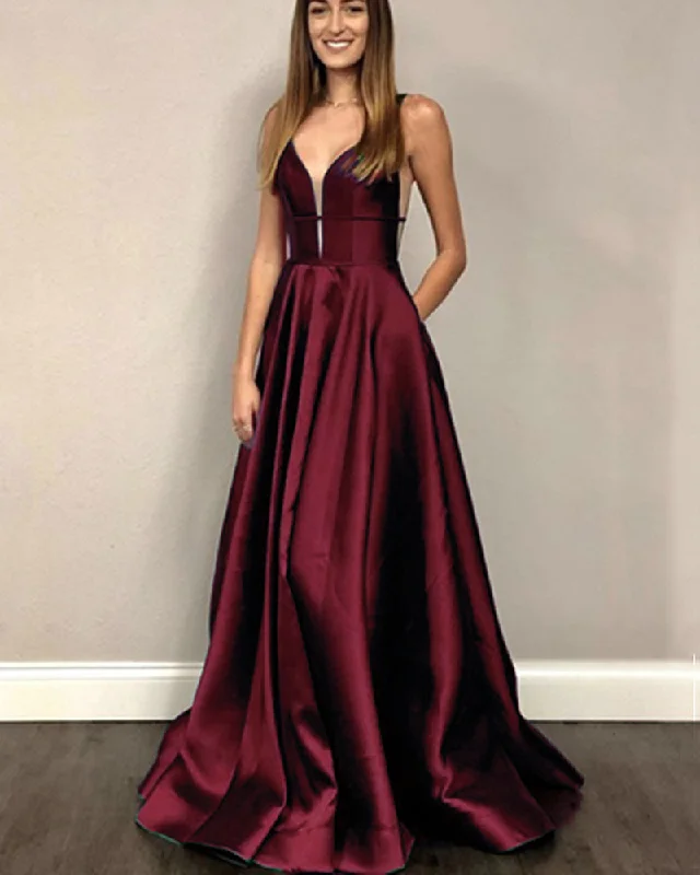 Fashionable Comfort Promotions Satin V Neck Burgundy Red Maroon Gowns Long Evening Dress,Long Prom Party Gowns PL07013 Elegant Contour