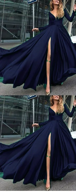 Daily Deals Charming Cheap Custom Long Sleeves Dark Blue Simple Soft Prom Dresses    cg19287 Playful Elegance