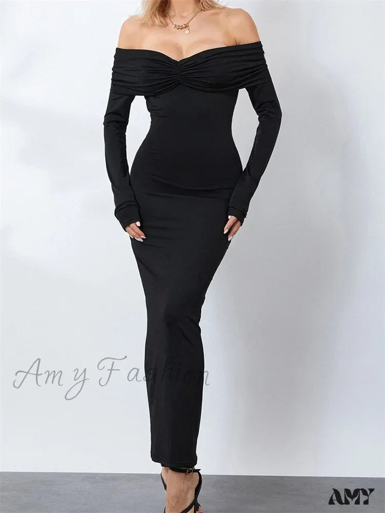 Special Offer Amy Fashion - Women  Ruched Slash Neck Off-shoulder  Sleeve Solid Slim Fit Bodycon Cocktail Party Vestidos Romantic Flair