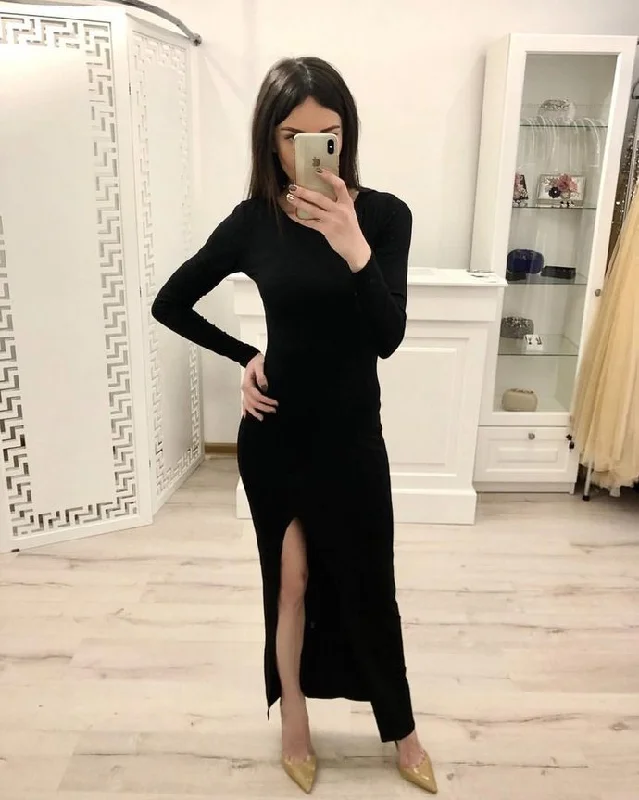 New Arrivals Sheath Long Sleeves Split Black Sexy Prom Dresses, Formal Evening Dresses   cg12624 Dreamy Draping