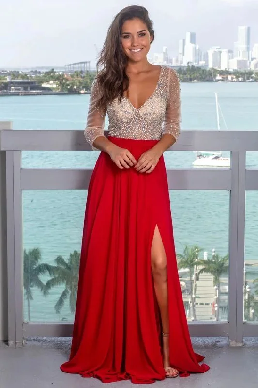 Trendy Threads Sexy Slit Beaded Long Sleeve Deep V-back Evening Dress prom dress cg8960 Timeless Elegant