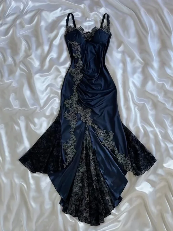 Summer Deals Sexy Bodycon Mermaid Straps Long Navy Blue Lace Prom Dress Party Dresses C1769 Graceful Cut