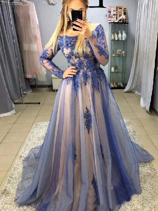 Casual Fashion Long Sleeves Blue Lace Long Prom Dresses, Blue Lace Formal Evening Dresses    cg20820 Today Only