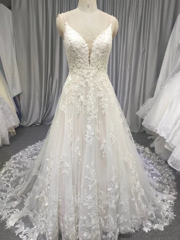 Exclusive Sale Spaghetti Long Lace Wedding Dresses, Romantic Wedding Dresses, A-line Wedding Dresses, Long Wedding Dresses, Bridal Gown Vibrant Prints