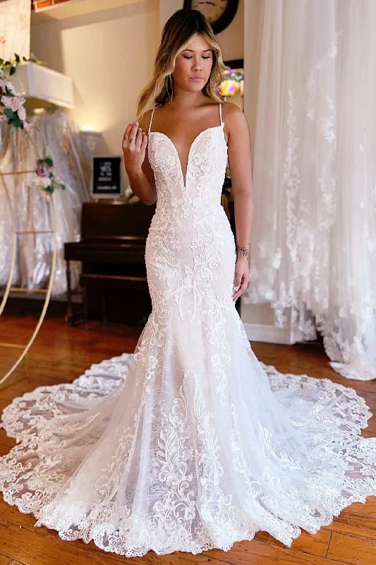 Enjoy Discount White Lace Plunge V Backless Trumpet Long Wedding Dress Bohemian Vibe