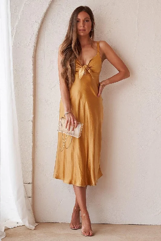 Fashion-Forward Gala Midi Dress - Mustard Refined Look