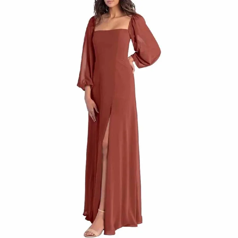 Limited Stock, Big Sale Women's Square Neck Long Sleeve Chiffon Bridesmaid Dresses High Slit Prom Dresses Modern Glamour