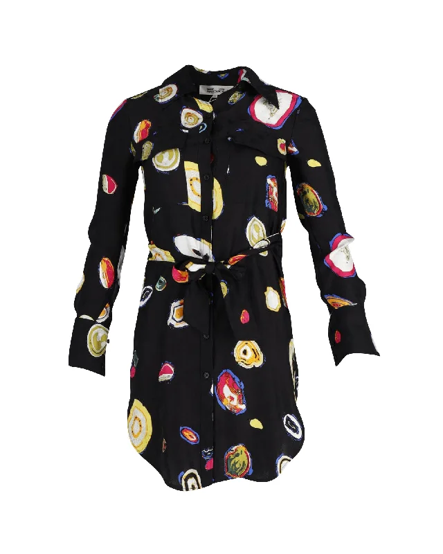 Chic Style, Always In Vogue Diane Von Furstenberg Printed Shirt Dress in Black Polyester Parisian Effortless Chic Style