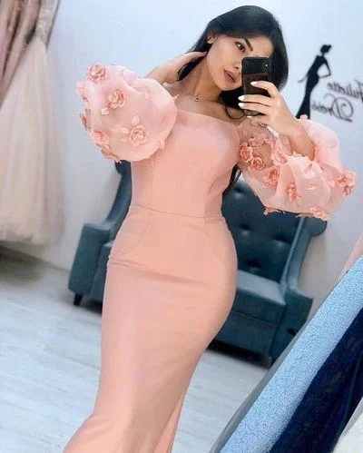 Chic Style, Always In Vogue Pink Long Sleeve Flowers Mermaid Prom Dress   cg12514 Modern Romance