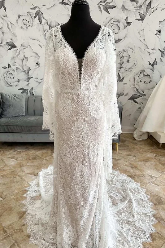 Holiday Glam White Lace Plunge V Mermaid Long Wedding Dress with Bell Sleeves Feminine Allure