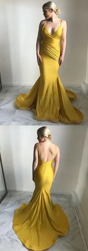 Crazy Discounts, Hurry Up Yellow Backless Spaghetti Straps Bodycon Mermaid Simple Prom Dress Formal Gown     cg16712 Vintage Elegance