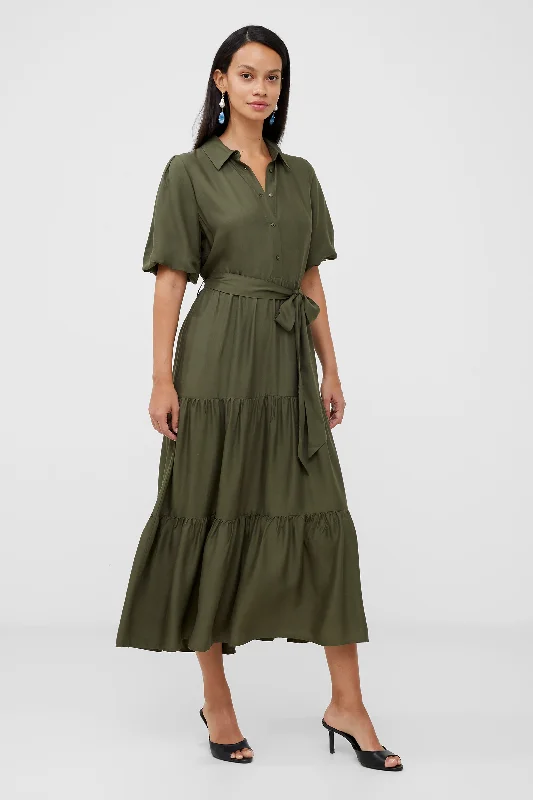 Find Your Unique Flair Puff Sleeve Tiered Midi Shirt Dress Today Only