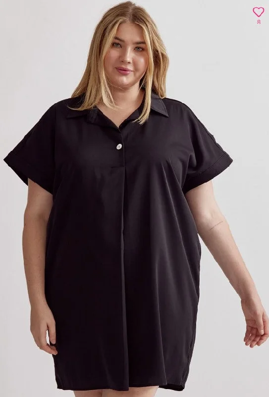 Vintage-Modern Style Offers [entro] Casual Collared Shirt Dress- Black [Plus] Playful Elegance