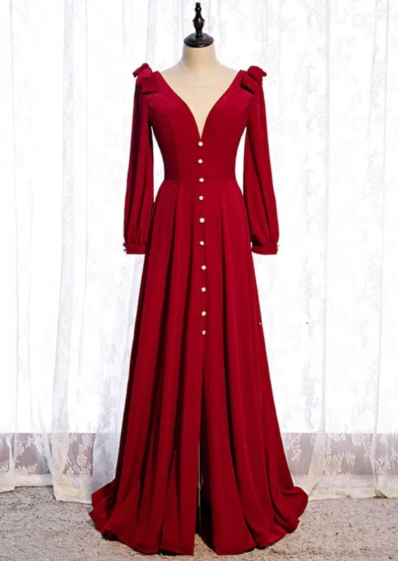 Holiday Attire Sale A-Line Burgundy Velvet Long Sleeve Prom Dress With Split     cg19902 Effortless Comfort