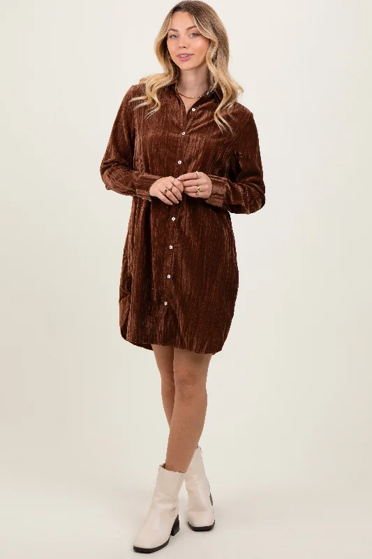 Limited Time Offer Brown Crinkled Velvet Button Down Shirt Dress Vibrant Prints