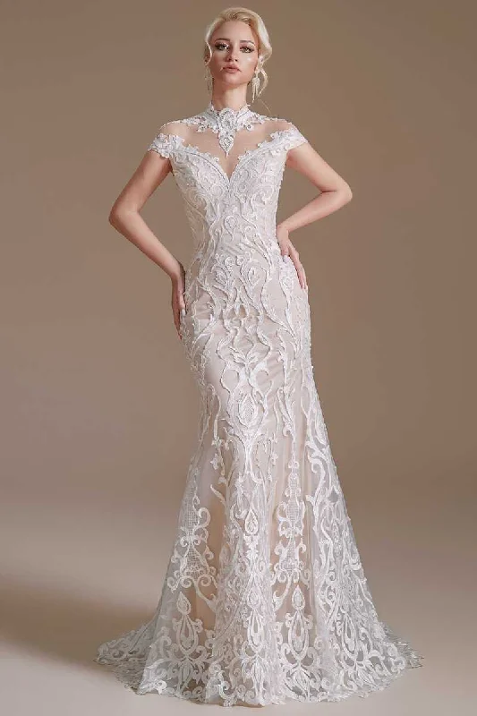 Trendy Looks On Sale Off-White Lace High Collar Off-the-Shoulder Mermaid Wedding Dress Minimalist Office - Ready Style