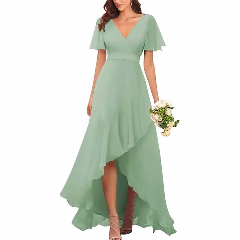 Sale Event, Prices Rock Bridesmaid Dresses with Sleeves High Low Ruffle Hem Prom Formal Dress Chiffon Wedding Party Gown Feminine Elegant