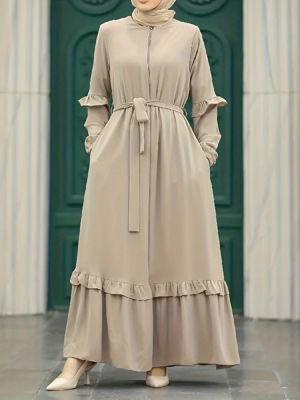 Seasonal Sale Elegant Modest Maxi Kaftan Dress - Long Sleeve, Tie-Waist with Chain Detail, Zip-Front, Durable All-Season Women's Fashion Limited - Stock