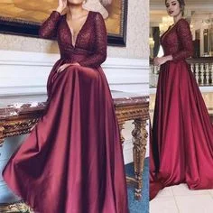 Comfort Meets Fashion Burgundy prom dresses deep v neck sequins long sleeve evening dresses   cg7064 Luxe Layering