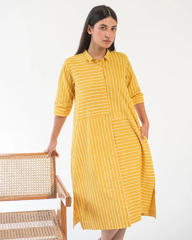 Get The Latest Trends Yellow Stripe Shirt Dress Romantic Flair