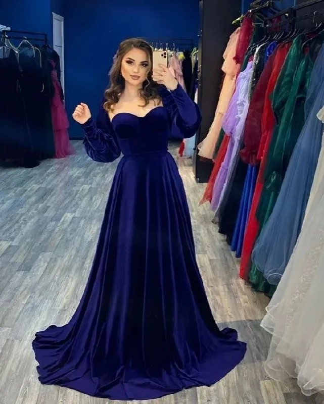 Fashion Sale Simple A line Long Sleeves Royal Blue Velvet Prom Dress Long Evening Dress C3703 Feminine Charm