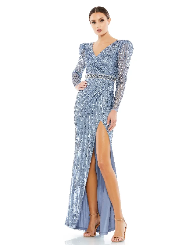 Modern Fashion Sale Sequin Puff Sleeve Surplice Gown Flowing Silhouette