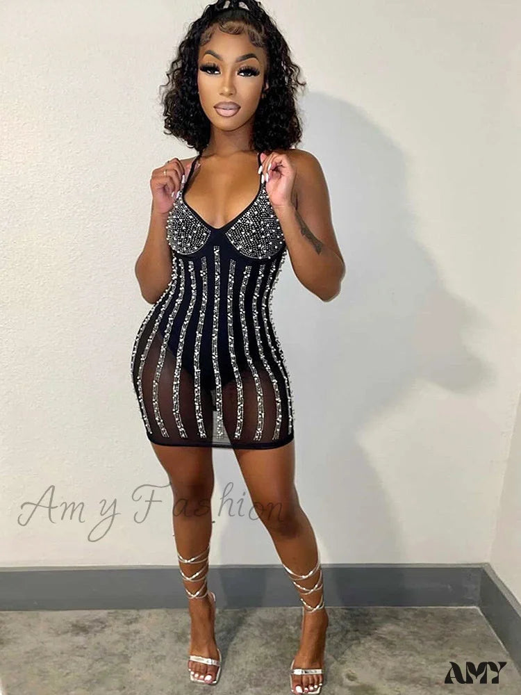 Unleash Your Style Amy Fashion - See-Through Pearls Crystal Sequins Bodycon Short Party Dress Flash Sale