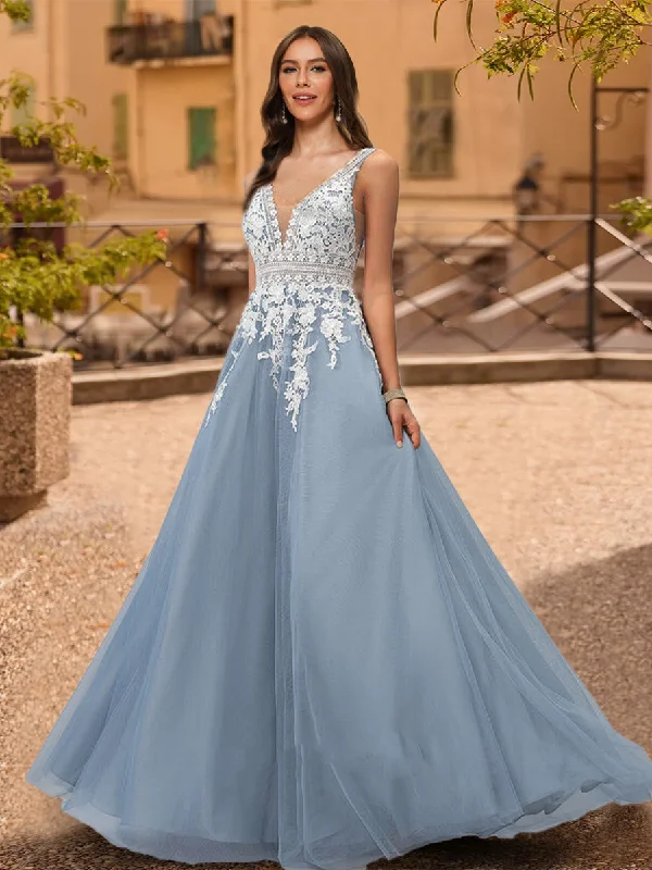 Seasonal Trends A-Line/Princess V-Neck Sleeveless Prom Dresses with Applique Summer Fashion