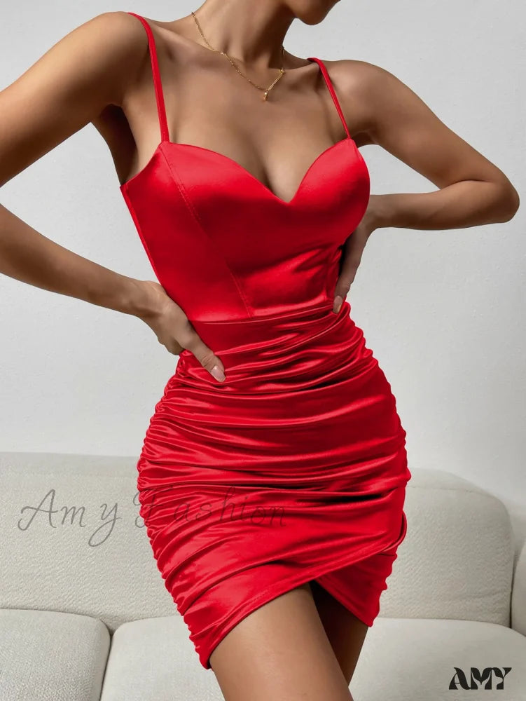 Minimalist Fashion Sale Amy Fashion - Wrap Satin Cami Bodycon Dress Casual Weekend Relaxed Style