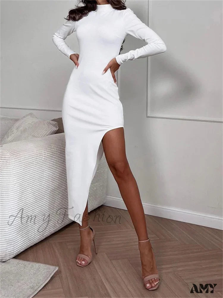 Best-Sellers Amy Fashion - Elegant Women Spring Autumn  Turtleneck Solid Color  Sleeve High Split Bodycon Party Vestido Bohemian Vibe