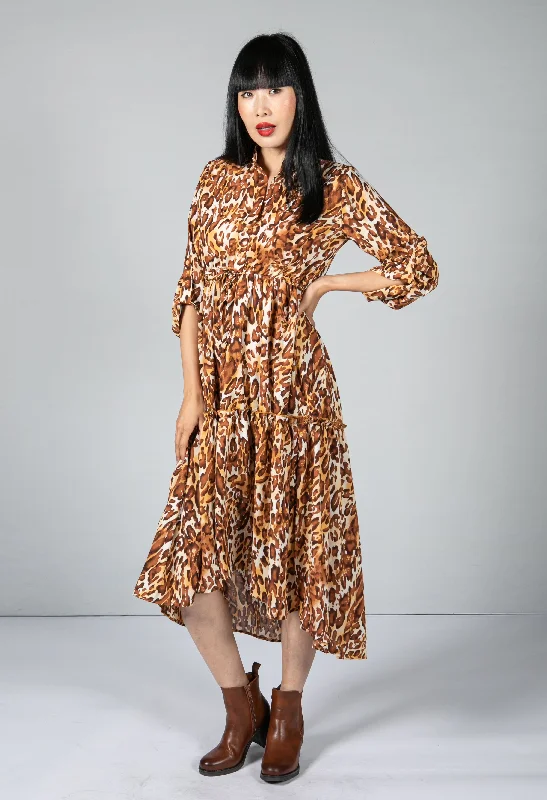 Stylish Savings Leopard Print Tiered Shirt Dress In Brown Parisian Effortless Chic Style