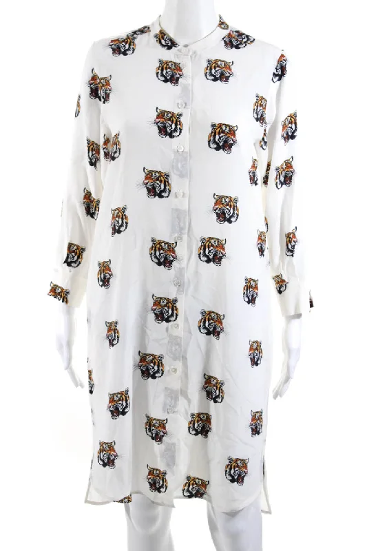 Limited Stock, Big Discounts Stella McCartney Womens Silk Tiger Print Knee Length Shirt Dress White Feminine Elegance