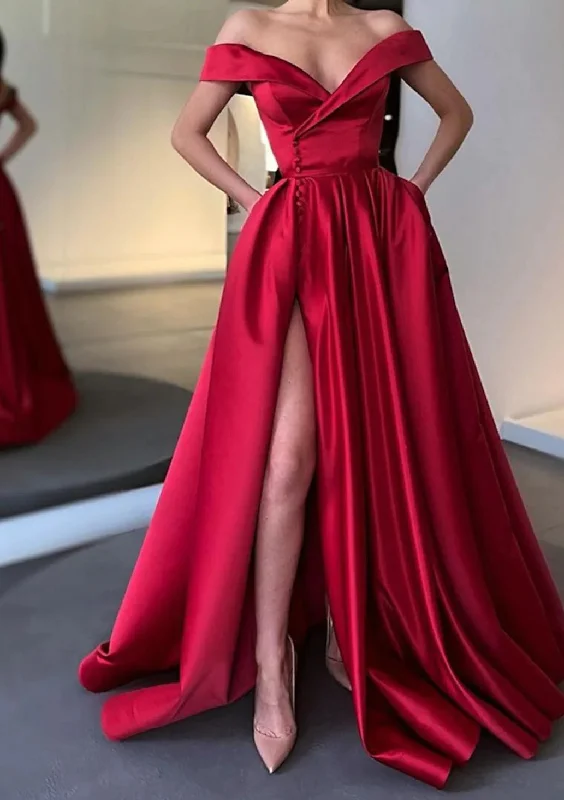 Sustainable Fashion Extravaganza Women High Side Slit Prom Dress Long Off-the-Shoulder Evening Gowns Satin Formal Party Dress YPD814 Casual Chic