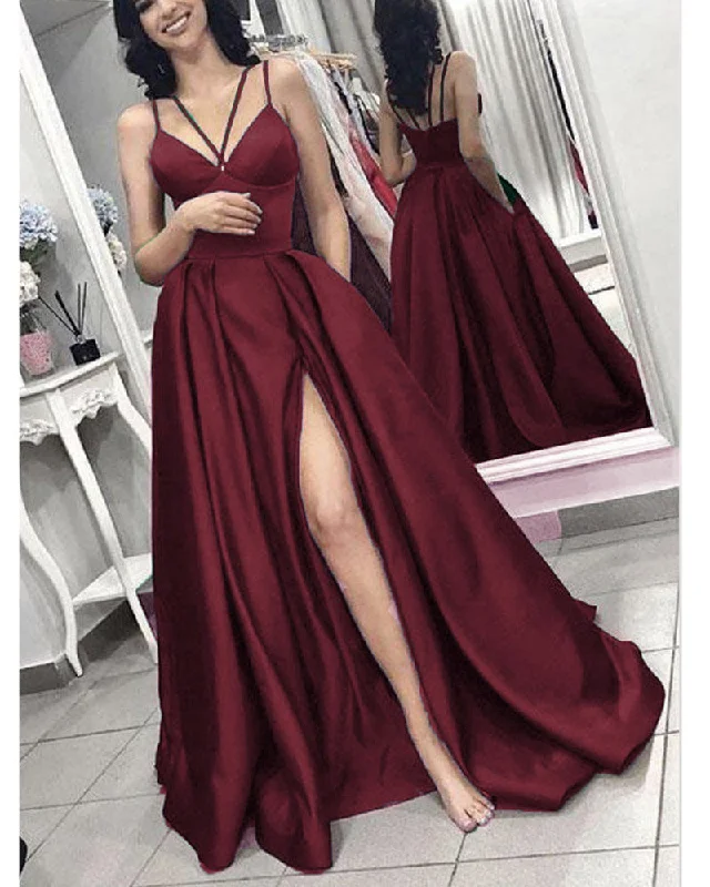 Essentials On Sale Elegant A Line Satin Long Spaghetti Straps Prom Dress Formal Evening Gowns Burgundy/Green high Slit PL97745 Floral Style