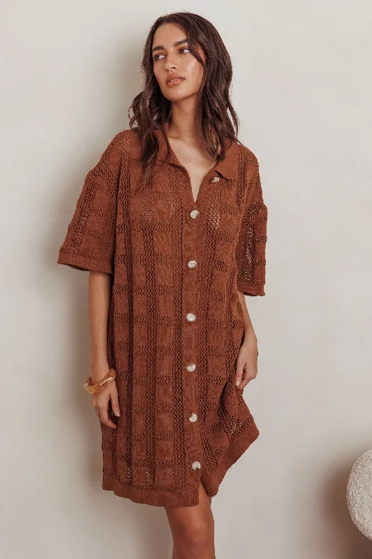 End Of Season Sale Best Friend Knit Shirt Dress Chocolate Romantic Flair