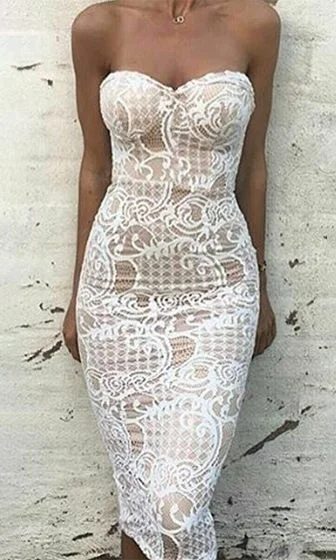 Modern Chic Discounts White Lace Strapless Sweetheart Neck Bodycon Midi Dress prom gown  cg11178 Great Deals on Ethnic Cultural Wear